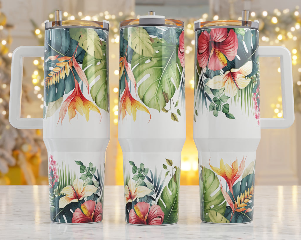 40 Oz Tumbler Brightly Colored Watercolor Flowers 40 Ounce With Handle  Handmade 