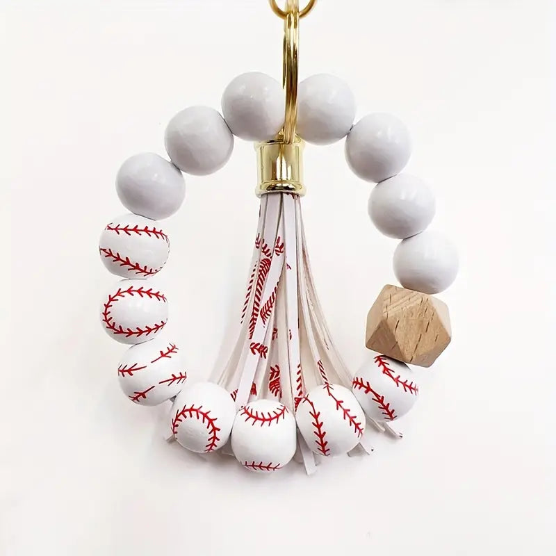 Baseball Wooden Beaded Wristlet Keychain