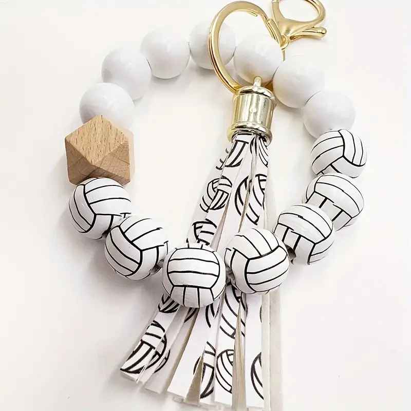 Volleyball Wooden Beaded Wristlet Keychain