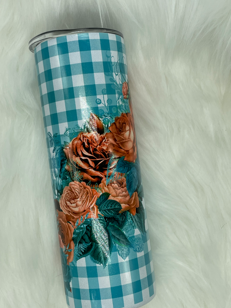 Teal Gingham Coral Floral Spray