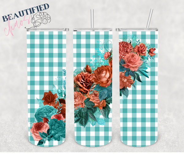 Teal Gingham Coral Floral Spray